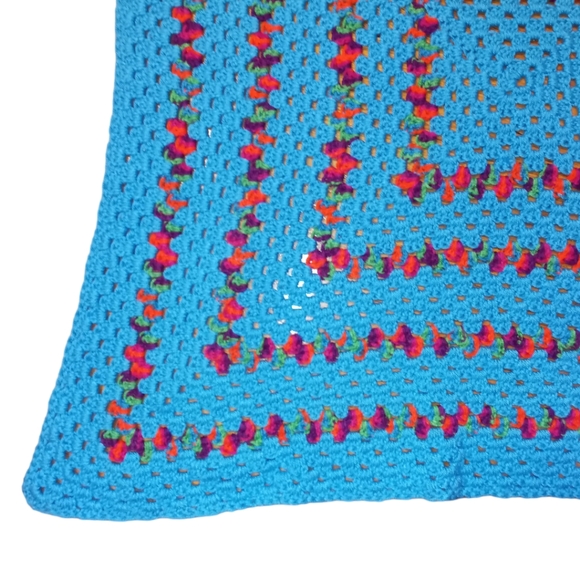 Vintage Handmade Granny Square  Blue Red Pink Crochet Afghan Throw Blanket - Picture 2 of 6